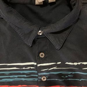 Ashworth Men’s Large Golf Shirt Navy/Light blue Stripes, 3 Button, Athletic fit